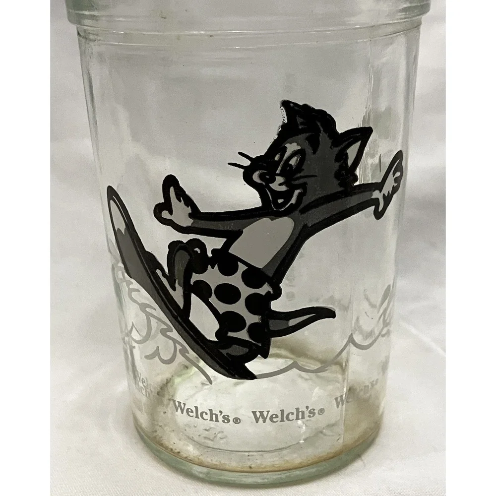 Tom & Jerry Welch’s Drinking Glass Tom Surfing Waves 1990 Jelly Jar VTG Cartoons